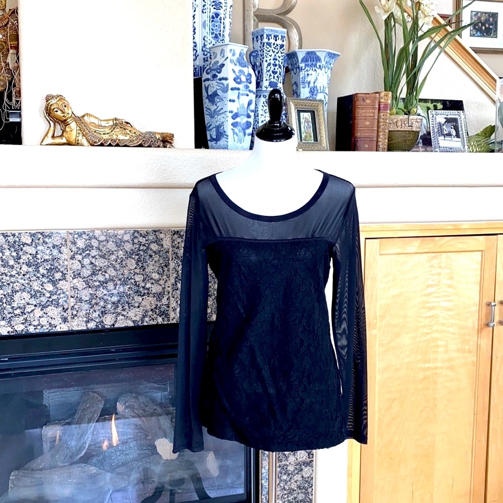 INC Black Lace and Sheer LS Top. M
